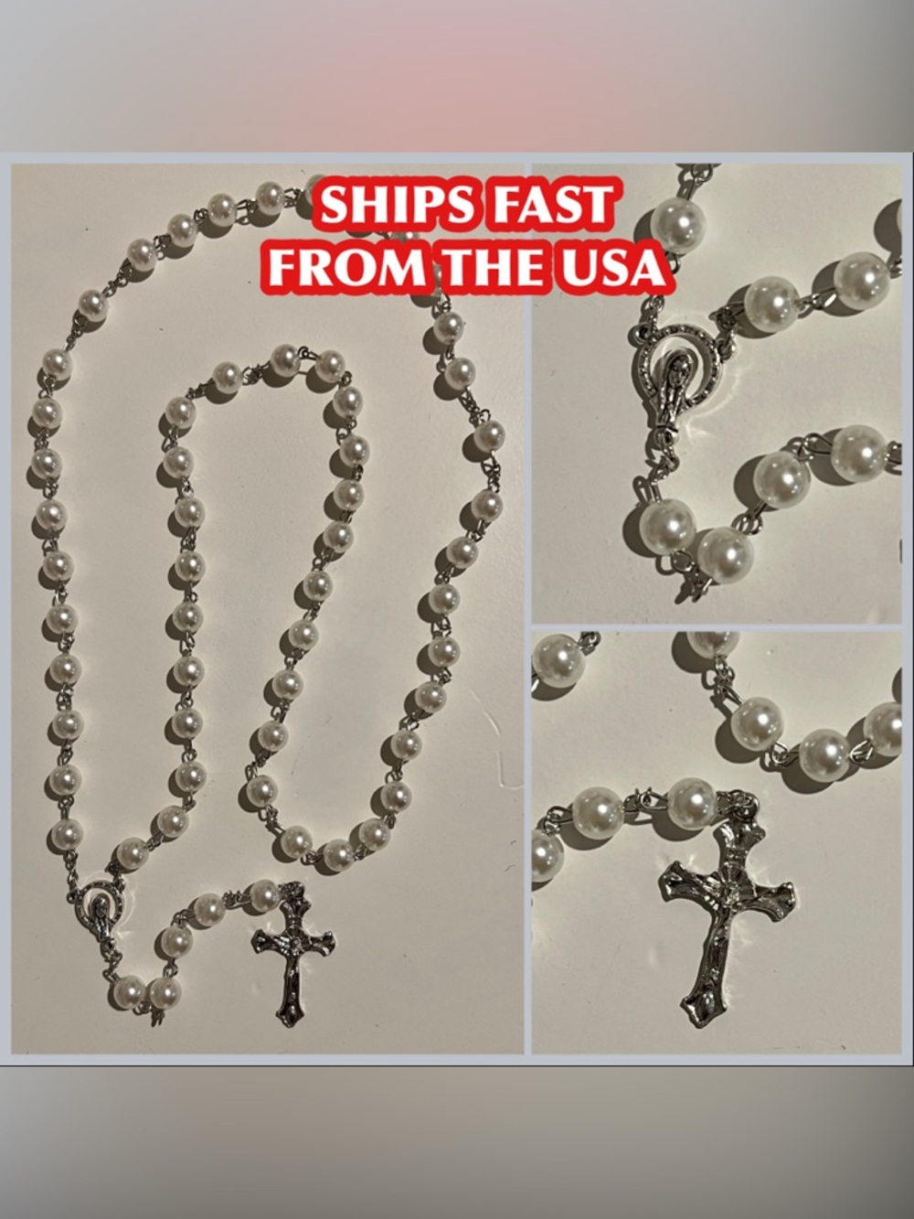 Rosary Beads Necklace Crucifix - White